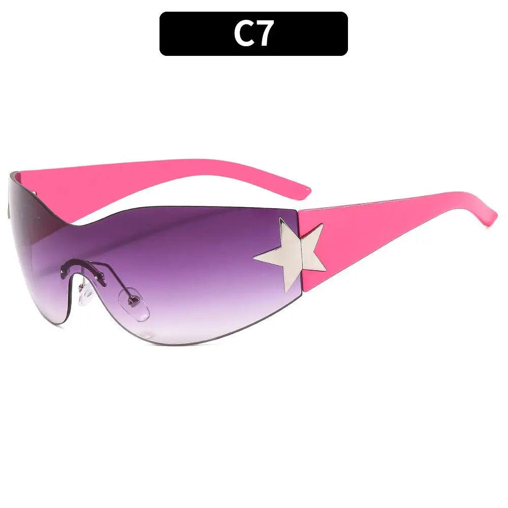 Rimless Y2K Sunglasses for Women Men,Trendy Wrap Around Sunglasses Punk One Piece Goggles Oversized Sports Sun Glasses