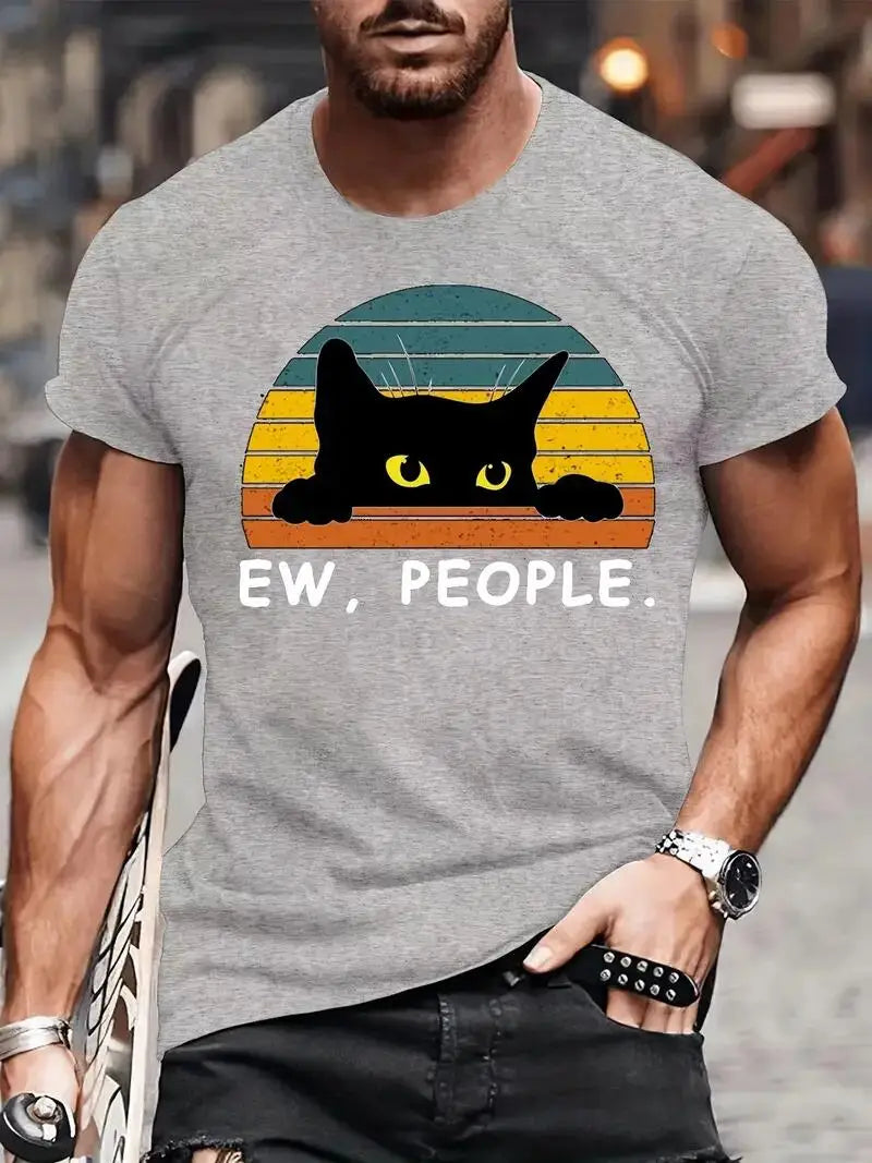 Men's Casual Fashion Black Cat Print Cotton T-shirt, Short-sleeved Crew Neck Hip-hop Style T-shirt As A Summer Holiday Gift