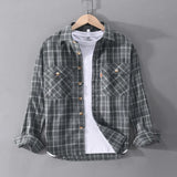 American Retro Men's Tooling Plaid Shirt Fashion Double Pocket Long Sleeve Casual Streetwear Male Cargo Blouses Tops