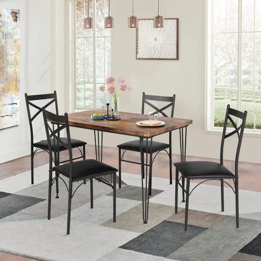 5-Piece Set for Home Kitchen Breakfast Nook, with 4 Chairs, Black, Dining Room for 4, Retro Brown Dining Tables set