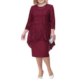 O-neck High-Waist Plus Size Midi Dress Party Dress Embroidery Lace 3/4 Sleeve Lady Evening Dress Elegant Bodycon Female Clothing