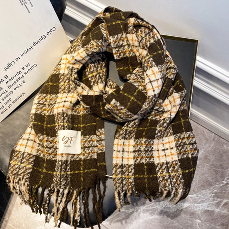 Retro Plaid Cashmere Womens Scarf Winter Thick Warm Solid Cape Wraps Female bandana pashmina long tassel female foulard