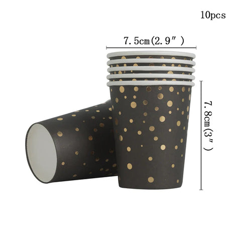 Black and Gold Party Supplies Polka Dot Plate Disposable Party Dinnerware Golden Spoon Fork Cup Tablecloth for Graduation