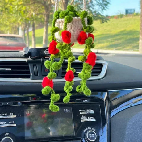 NEW Cute Potted Plants Crochet Car Basket,Hanging Plant Crochet for Car Decor,Car Ornament Rear View Mirror Hanging Accessories