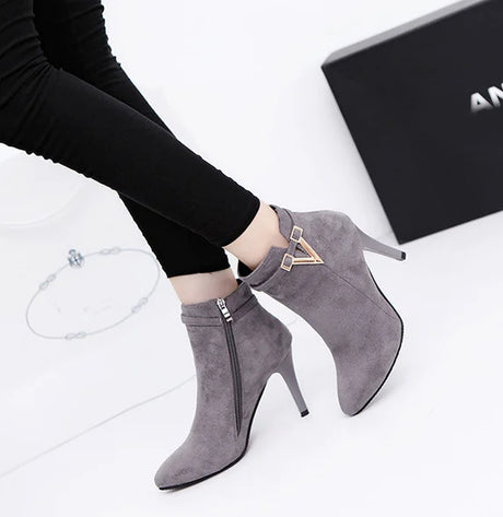 Botas Mujer Invierno  Autumn Stiletto Thin High Heels Woman Pointed Toe Pu Leather Zipper Sexy Ankle Women Boot Botines Chelsea