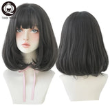 7JHH WIGS Black Short Bob Wig for Girl Daily Wear Synthetic Wig New Style Natural Supple Summer  Heatresistant Wig With Bangs