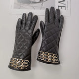 Fashion Chain Women' PU Leather Gloves Winter Warm Plus Velvet Thicken Full Finger Outdoor Riding Touch Screen Driving Mittens