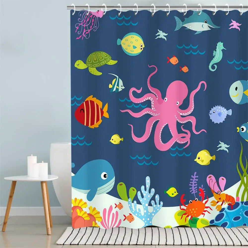 Colorful Tropical Fish Shower Curtains Ocean Animals Kids Bath Curtain Polyester Fabric Waterproof Bathroom Decor Set with Hooks