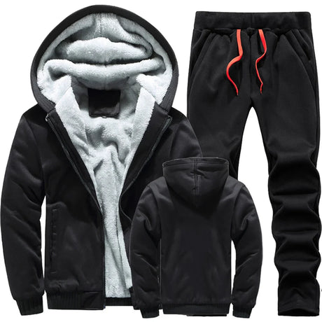 Winter Men Tracksuit Hooded Sportswear Zipper Jacket Fleece Trousers Men's Warm Solid Color Casual Men's Sports Suit