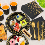 Black and Gold Party Supplies Polka Dot Plate Disposable Party Dinnerware Golden Spoon Fork Cup Tablecloth for Graduation