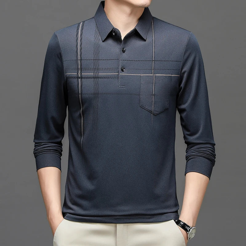 Spring Autumn Striped Business Polo Shirt Men's Long Sleeve Pullover T Shirt Turn-down Collar Tops