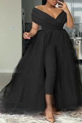 Plus Size Formal Casual One Piece Outfit Solid Off The Shoulder V Neck Tulle Jumpsuit (With Tulle Skirts)