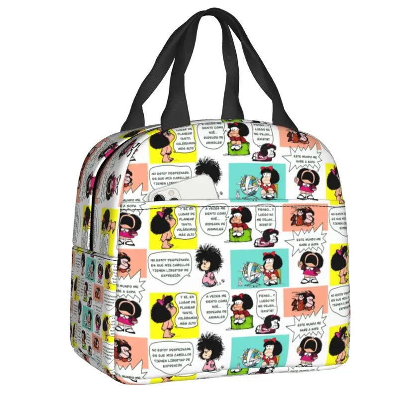 Mafalda Insulated Lunch Bags for Women Argentine Cartoon Quino Comic Portable Cooler Thermal Food Lunch Box Kids School Children