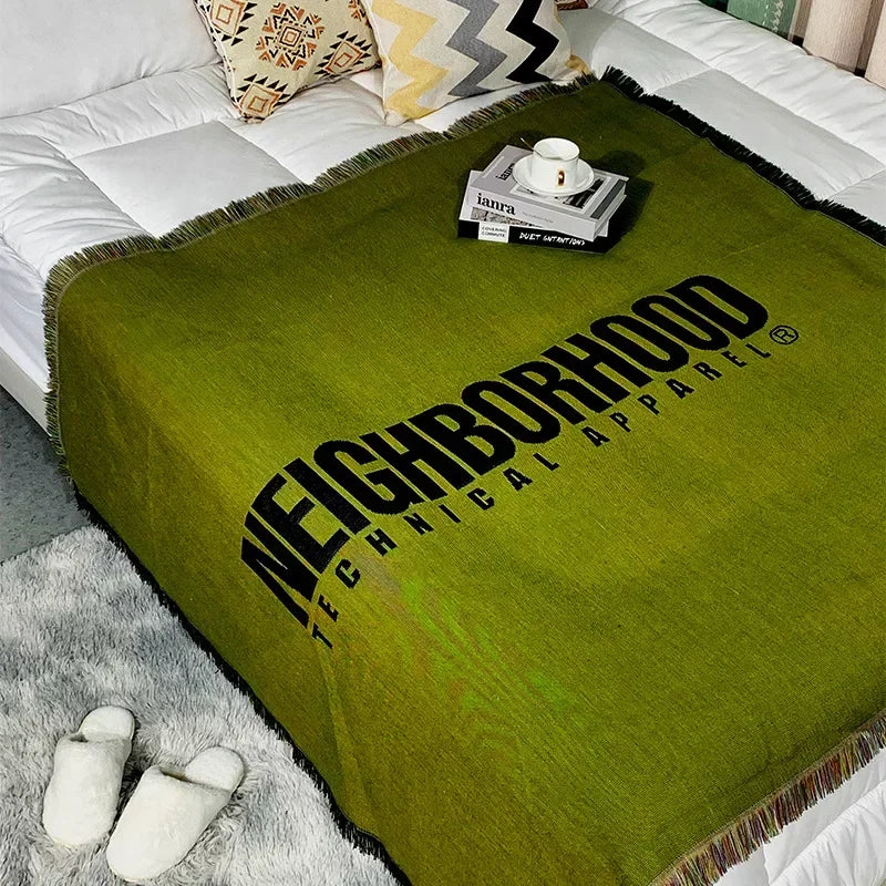 Casual Green Letter Tassels Knitted Portable Outdoor Camping Picnic Mat Vintage Throw Blankets for Bed Nap Blanket Sofa Cover