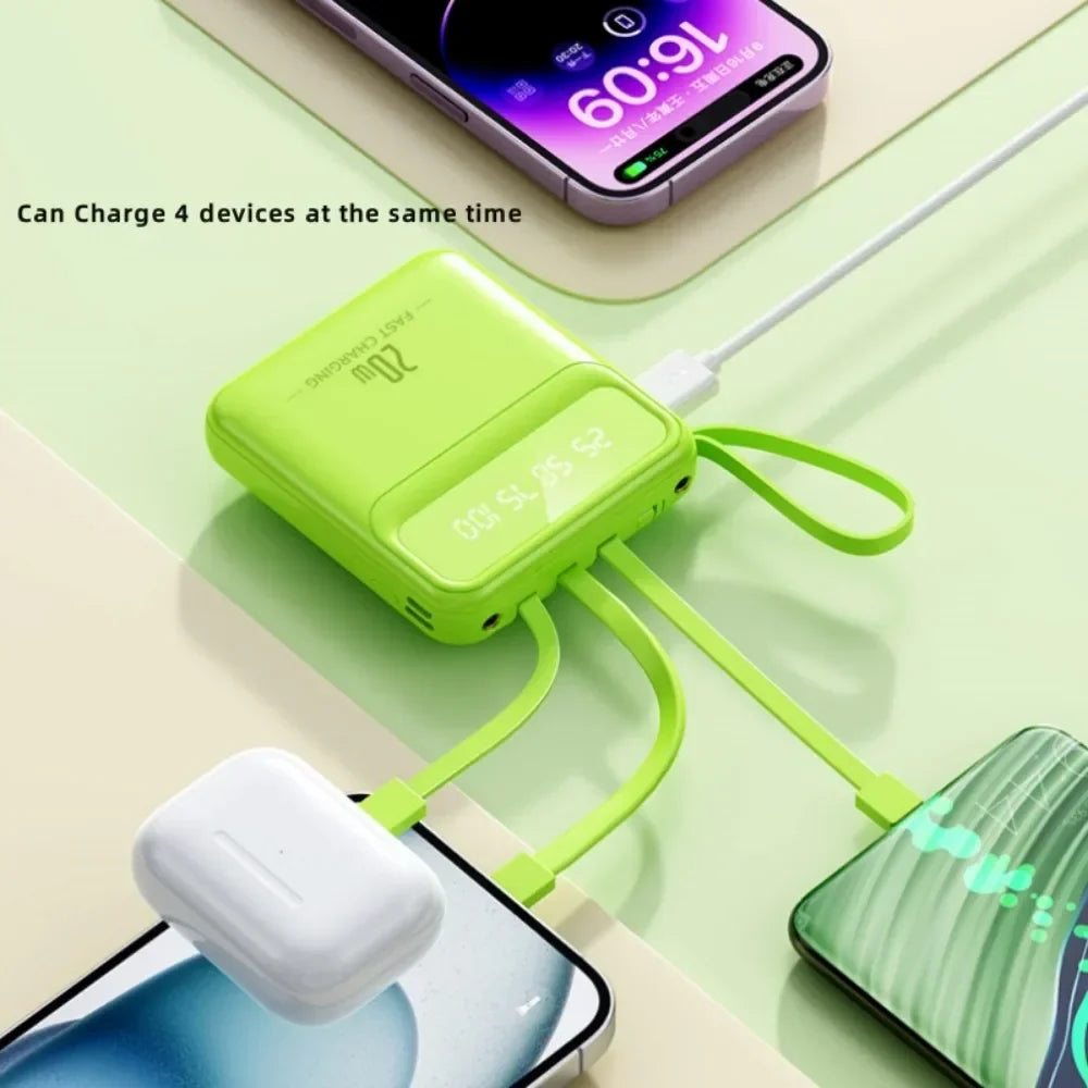 Portable Power Bank 20000mah Big Capacity Fast Phone Charger  with 4 Built-in Cables Powerbank Mobile Phone External Battery