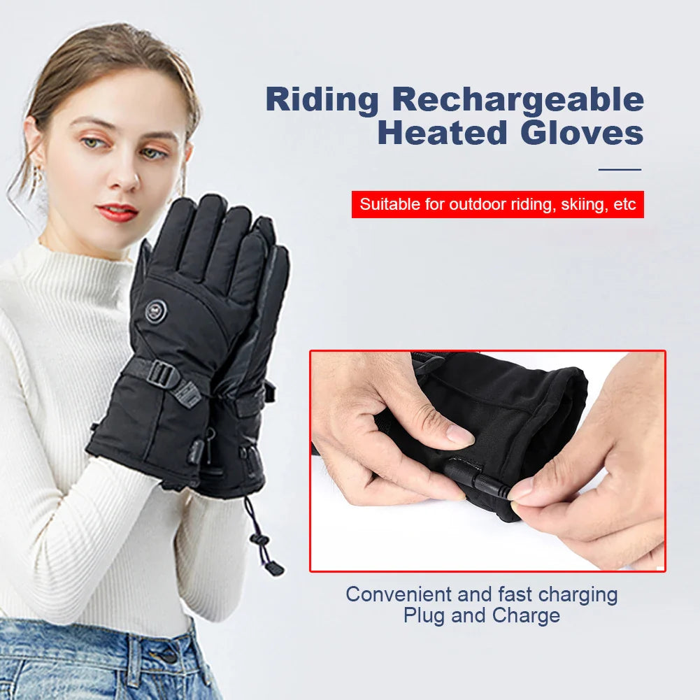 PU Leather Heated Gloves Motorcycle Winter Heated Gloves Warm Waterproof Rechargeable Heating 3 Gear Thermal For Snowmobile