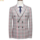 Red Striped Plaid Suit Jacket Men's Double Breasted V-Neck Dress Coat Fashion Slim Fit Blazer Wedding Party Tops M-5XL 6XL