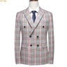 Red Striped Plaid Suit Jacket Men's Double Breasted V-Neck Dress Coat Fashion Slim Fit Blazer Wedding Party Tops M-5XL 6XL