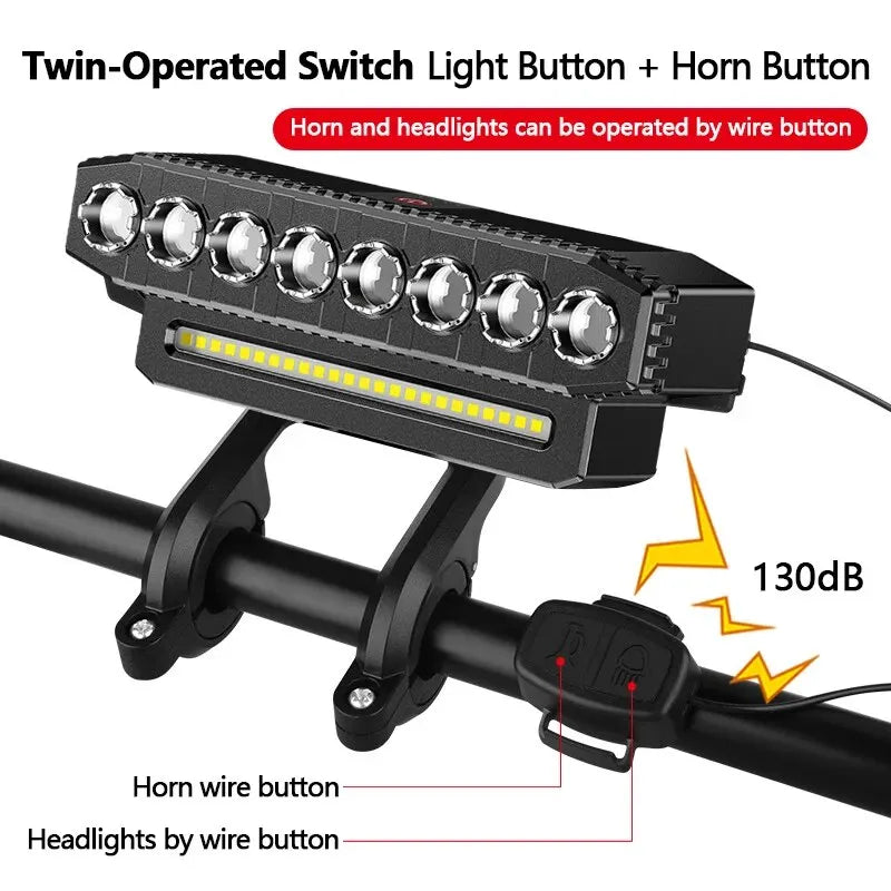 8 LED Bicycle Front Light USB Rechargeable 130dB Cycling Bike Horn Easy to Install 6 Modes Bicycle Bell Light