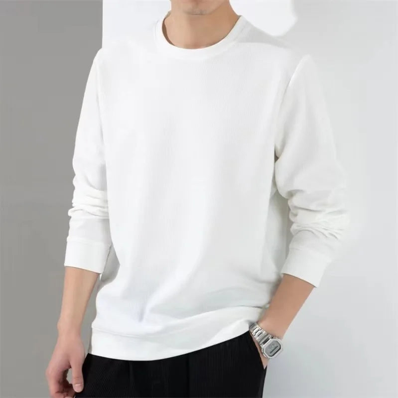 2024 Autumn Hoodies Men New Fashion Casual Slim Fit Waffle Round Neck Sweatshirts Men's Fashion Long Sleeve Undershirts