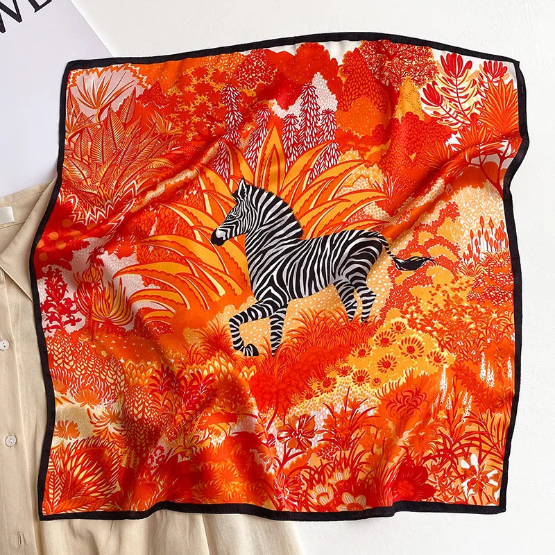 Silk Square Scarf Women 100% Real Luxury Brand Horse Print Neckerchief Female Hair Hand Bag Wrist Foualrd Scarves Bandana