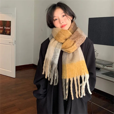 Winter Women Plaid Scarf Winter AC Pamanhmina Shawls Cashmere Thick Wraps Lady Tassel Warm Scarves Rainbow Hairy Bufanda Man