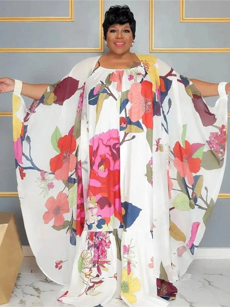 SOMO Plus Size Two Piece Set Women  Dress and Shawl Matching Summer 2023 Slip Floral Holiday New Outfits Wholesale Dropshiping