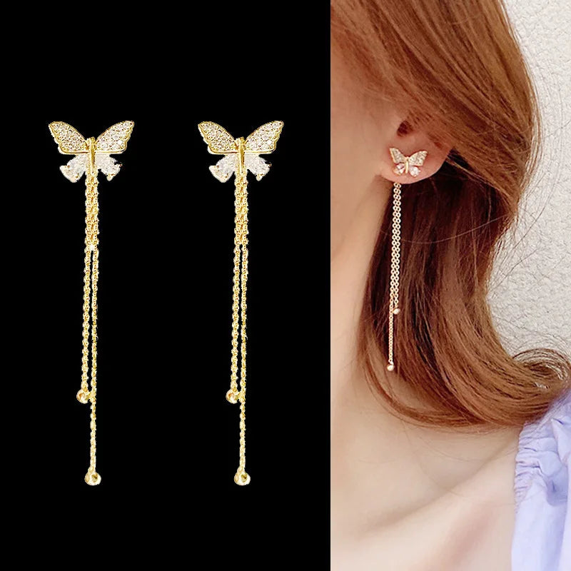 Butterfly Crystal Long Tassel Dangling Earrings For Women Korean Fashion Dainty Gold Plated Drop Earrings Jewelry Accessories