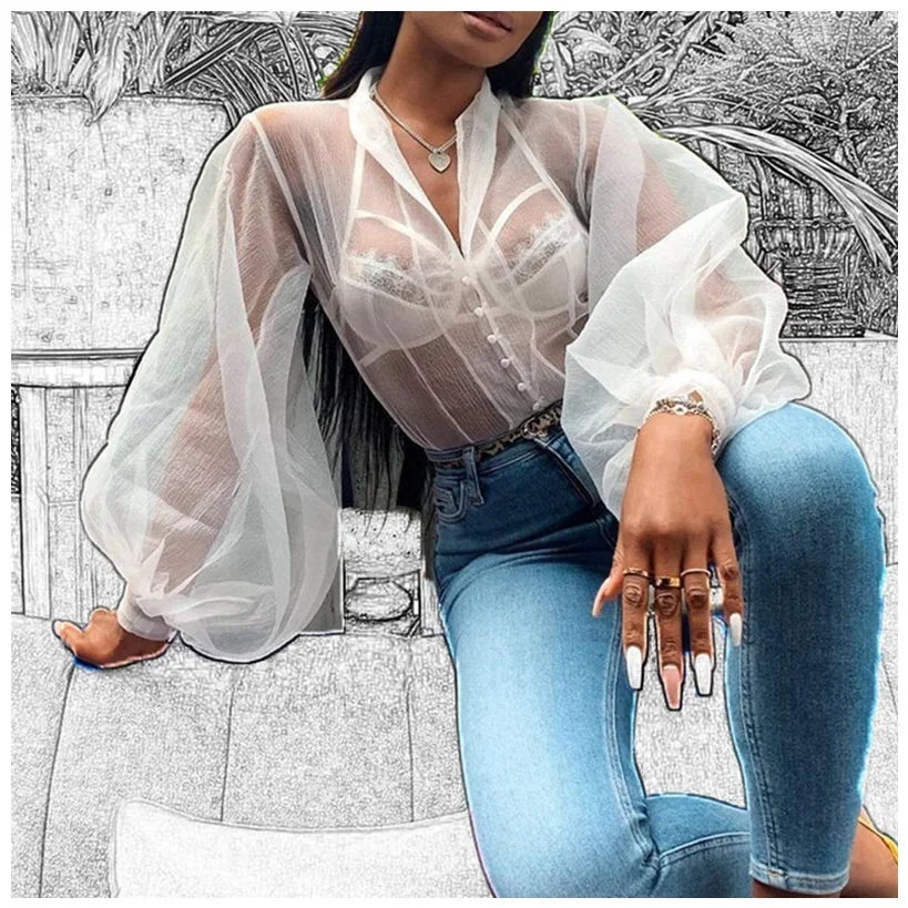 Lantern Sleeve Shirt Bubble Sleeve Perspective Mesh Mask Shirt Women's T-shirt Button Up Cardigan Transparent Blouses