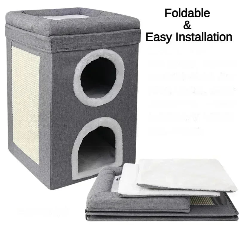 Foldable Cat House with Scratch Pad, Hideaway Condo for Kitty, Hut Covered Kitten Bed, Pet Furniture, 2 Level