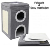 Foldable Cat House with Scratch Pad, Hideaway Condo for Kitty, Hut Covered Kitten Bed, Pet Furniture, 2 Level