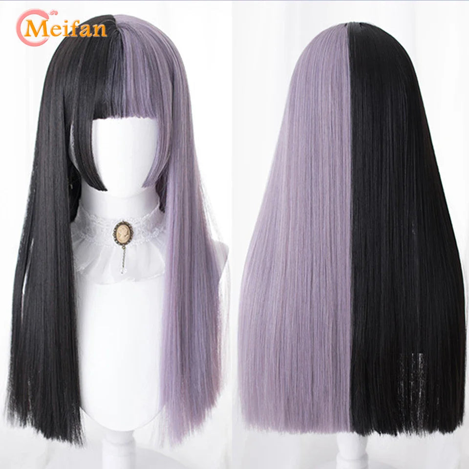 MEIFAN Long Lolita Ombre Harajuku Wig With Bang Red Blue Wave Curly Cosplay Wig Heat Resistant Synthetic Jellyfish Head Wigs