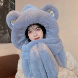 Winter New Style Thickened Warm Plush Scarf All-in-one Hooded Scarf Three-in-one Cute Bear Ears Hat Female Hooded Bib Ski Mask