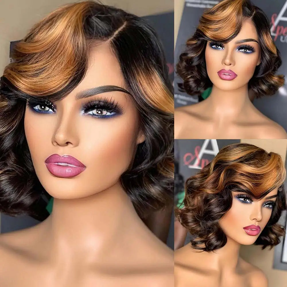 Honey Blonde Lace Front Wig Human Hair Burgundy Transparent Lace Deep Wave Frontal Wig Short Bob Human Hair Wigs for Black Women