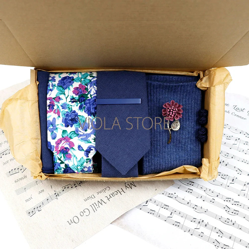 Viola Design Gift Box Hot Solid Floral Cotton Sock Necktie Set Clip Cufflinks Pin Hanky Men Wedding Party Daily Cravat Accessory