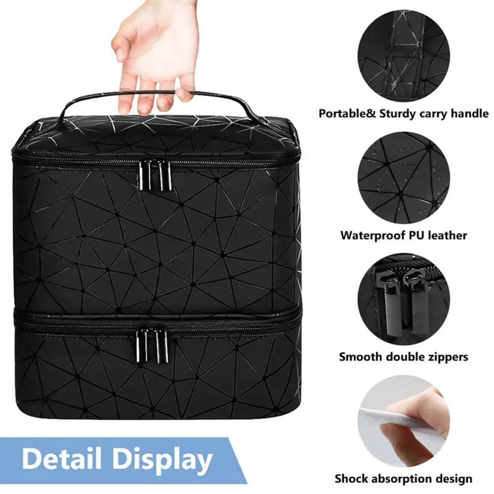 30 Grids Nail Organizer Black/Pink Double Layer Manicure Bag with Handle PU Nylon Makeup Bag Cosmetic Organizer Bag Handbag