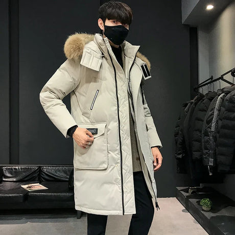 XKWT   2023 Brand Winter Warm Down Jacket Men Casual Business Long Thick Hooded windbreaker Coat Men Solid Fashion Parkas Men