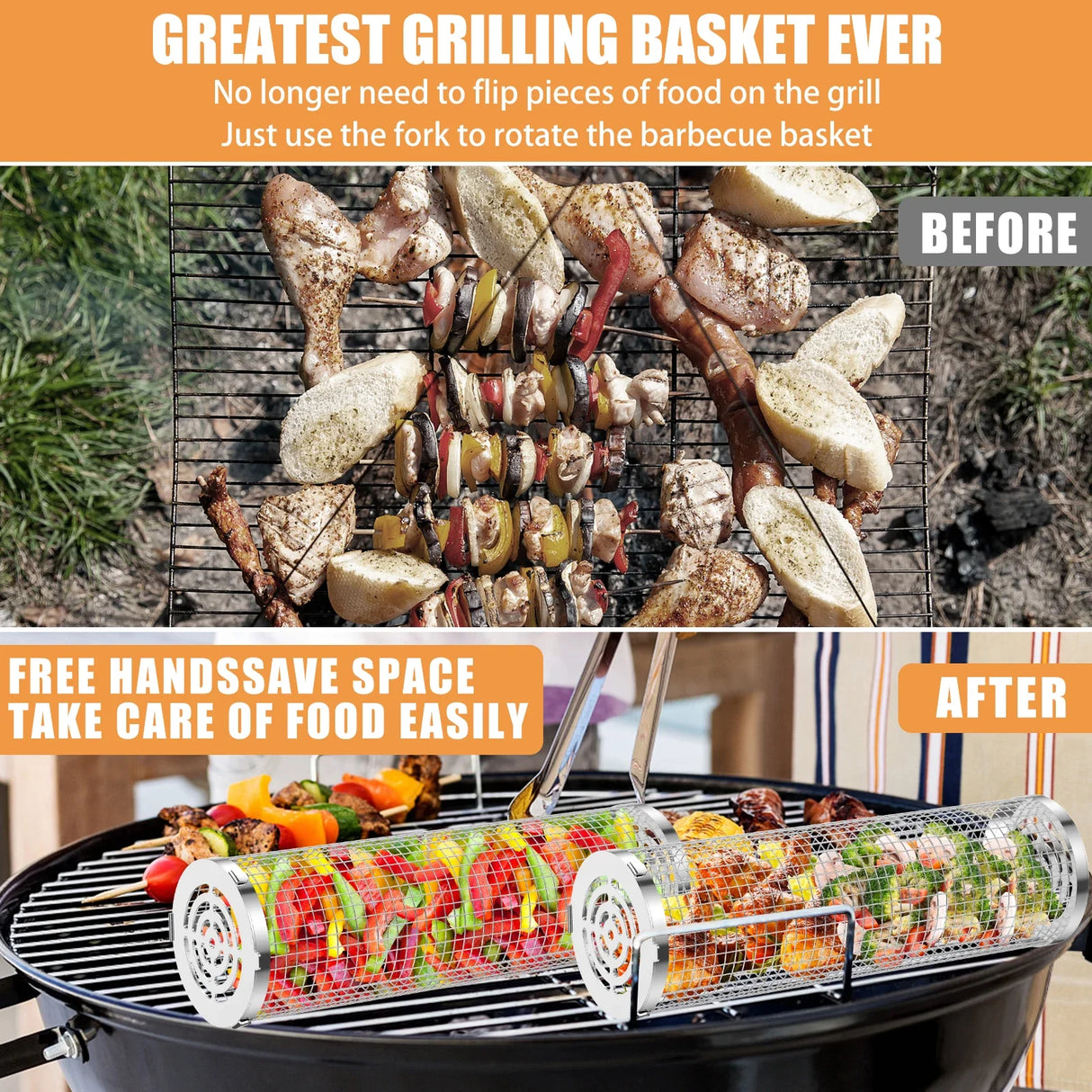 Round Rotisserie Basket BBQ Stainless Steel Mesh Barbecue Rack Washable Grill Oven Camping Picnic Cookware for Grilling Vegetabl