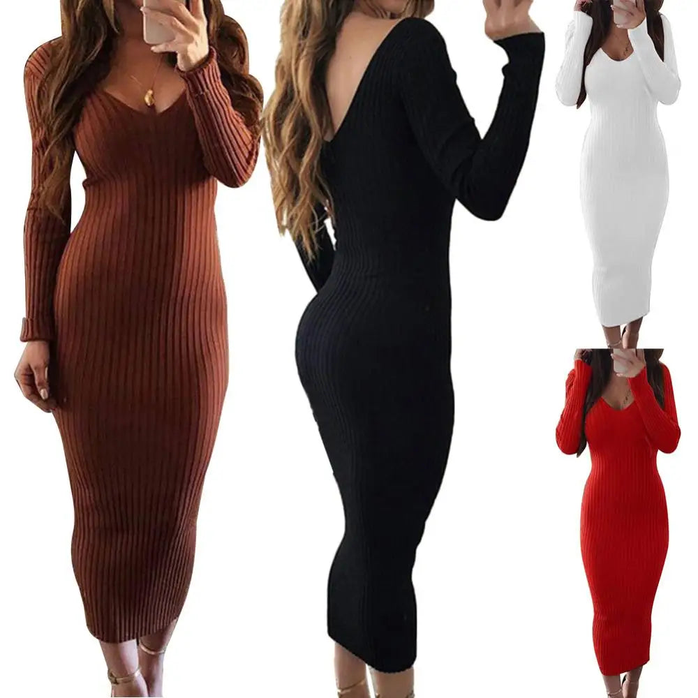 Sexy Backless Bodycon Long Sleeve Dress Slim Midi Dress Women V Neck Ribbed Knitted Midi Dress