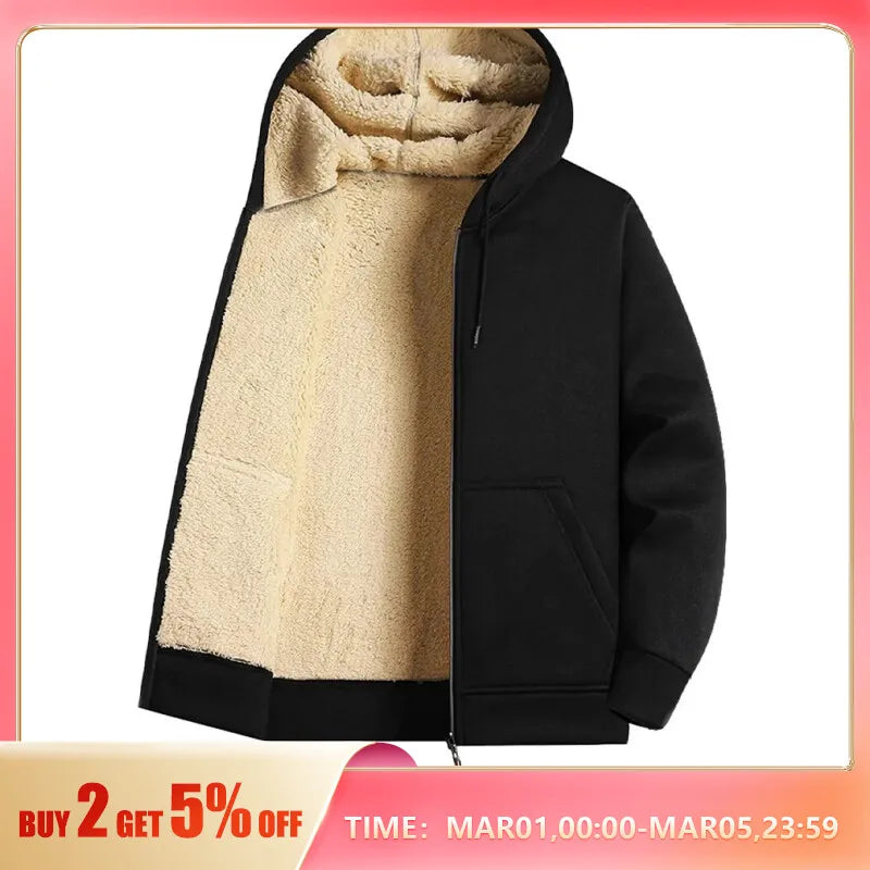 Winter Jacket Men Lambswool Warm Thicken Jackets Jogging Casual Zip Up Coat Men Sweatshirt Plush Lined Cardigan Hoodie