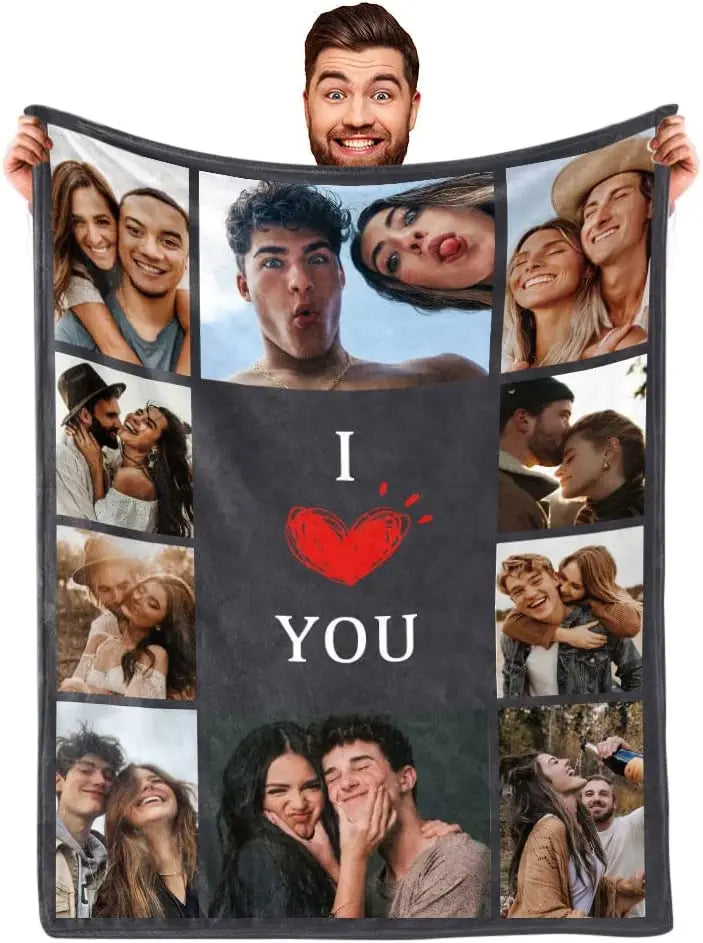 I Love You Custom Blanket with Photo Collage Text Personalized Picture Throw Blanket for Christmas Valentine's Day Birthday Gift