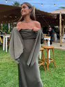 Elegant Solid Off Shoulder Midi Dress Women Chic Slash Neck Long Sleeve High Waist Dresses 2024 Female Evening Party Club Robes