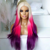 AIMEYA Ombre Purple Synthetic Lace Front Wigs for Women Platinum Blonde Roots Pink Purple Wig Long Silky Straight Colorful Wigs