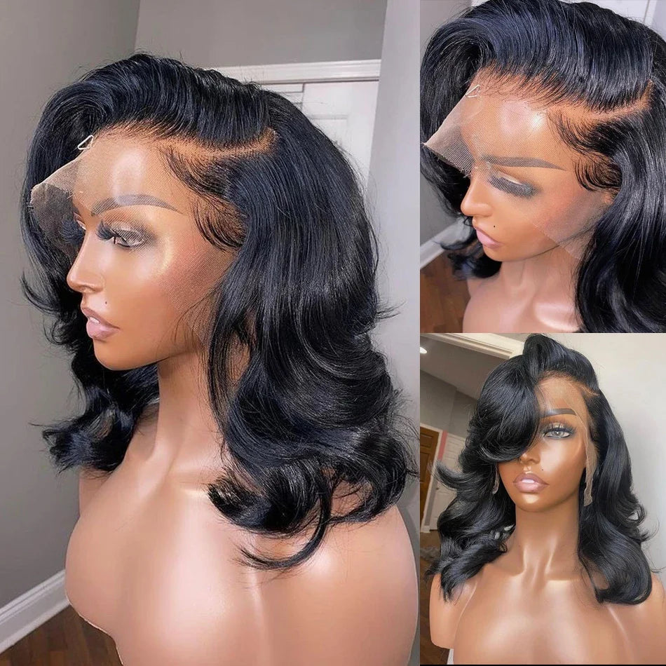 Body Wave Natural Black Bob Peruvian Human Hair Side Part Lace Front Middle Part Wig Pre Plucked Wig For Black Women 180 Density