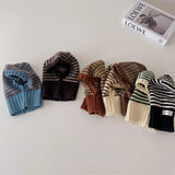 2-6Y Unisex Kids One-Piece Hats Scarf Winter Baby Girls Boys Stripe Knit Cap Woolen Yarn Scarf Earmuff Warm Keep Set for Outdoor