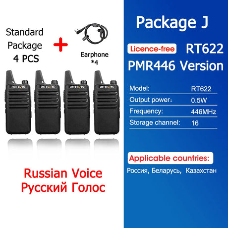 Retevis RT622 Mini Walkie Talkie 4 Pcs Walkie-talkies PMR446 FRS VOX Portable Two Way Radio Station for Restaurant Hotel