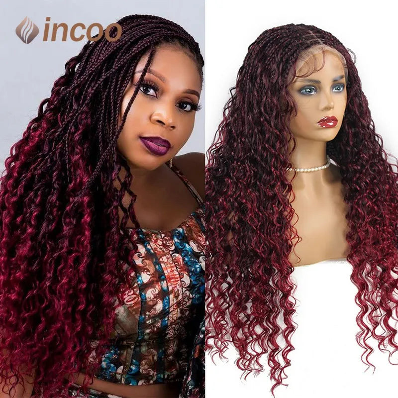 24'' Bohemia Full Lace Box Braided Wig Synthetic Lace Frontal Wig for Braiding Wih Curly Hair Ombre Blonde Goddess Faux Locs Wig