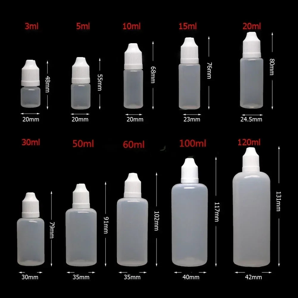 100pcs 5ml-120ml LDPE Empty Plastic Squeezable Bottles Eye Dropper E Liquid Juice Refillable Containers with Caps and Plug Tips