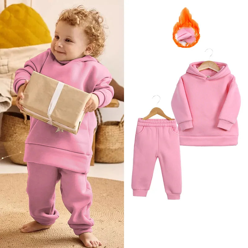 2023 New Arrivals Little Girls Clothing Tracksuit 2 Pieces Set Warm Fleece Plain Top Sweatshirt+Pants Loungewear Suit For Kids