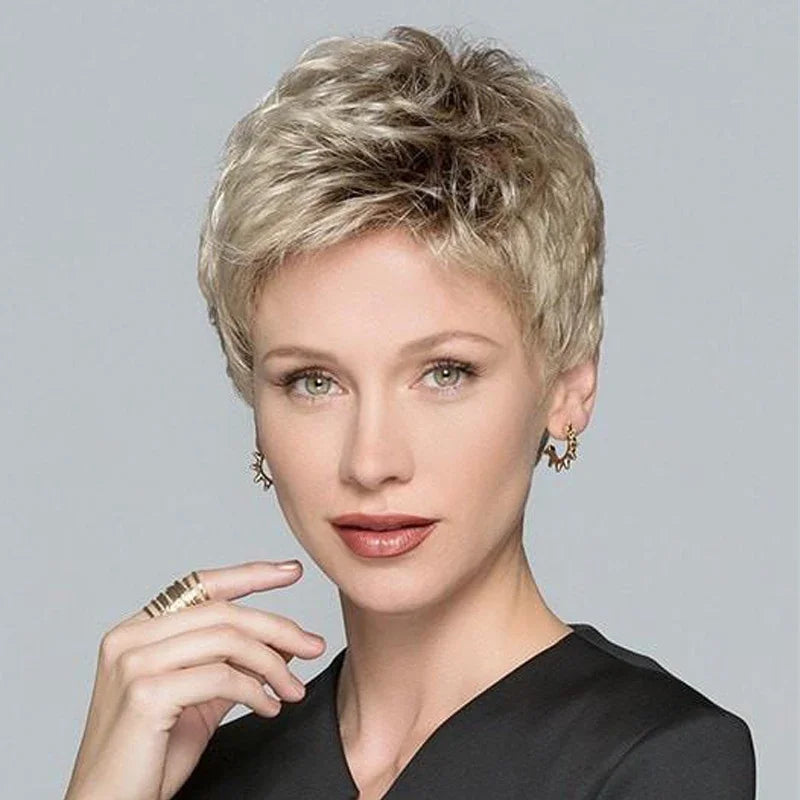 Women's Fashion Short Synthetic Wigs Pixie Cut Blonde Ombre Hair Costume Party Wigs for Woman Fluffy Natural Curly Wavy Wig